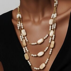 Vintage Czech beaded Three strand Necklace Caramels with Pearls